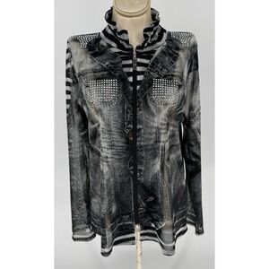 Damee Inc M Sheer Wired Collar‎ Artsy Lagenlook Full Zip Studded Printed Jacket
